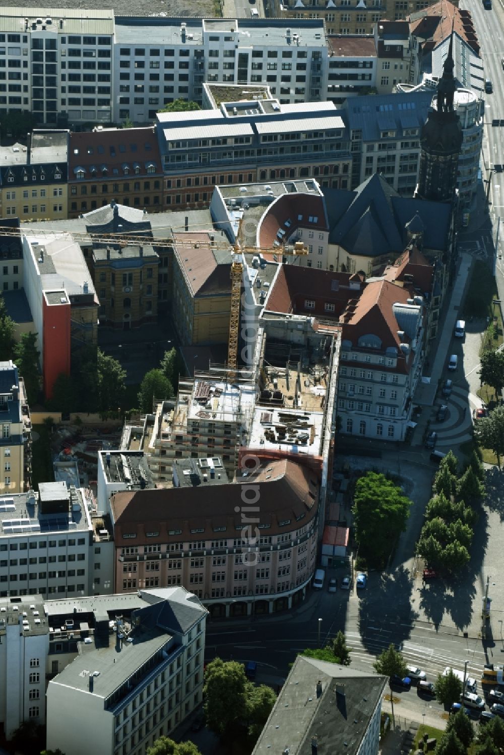 Aerial image Leipzig - New construction site the hotel complex of Travel24.com AG formerly Ring-Messehaus on Troendlinring in Leipzig in the state Saxony