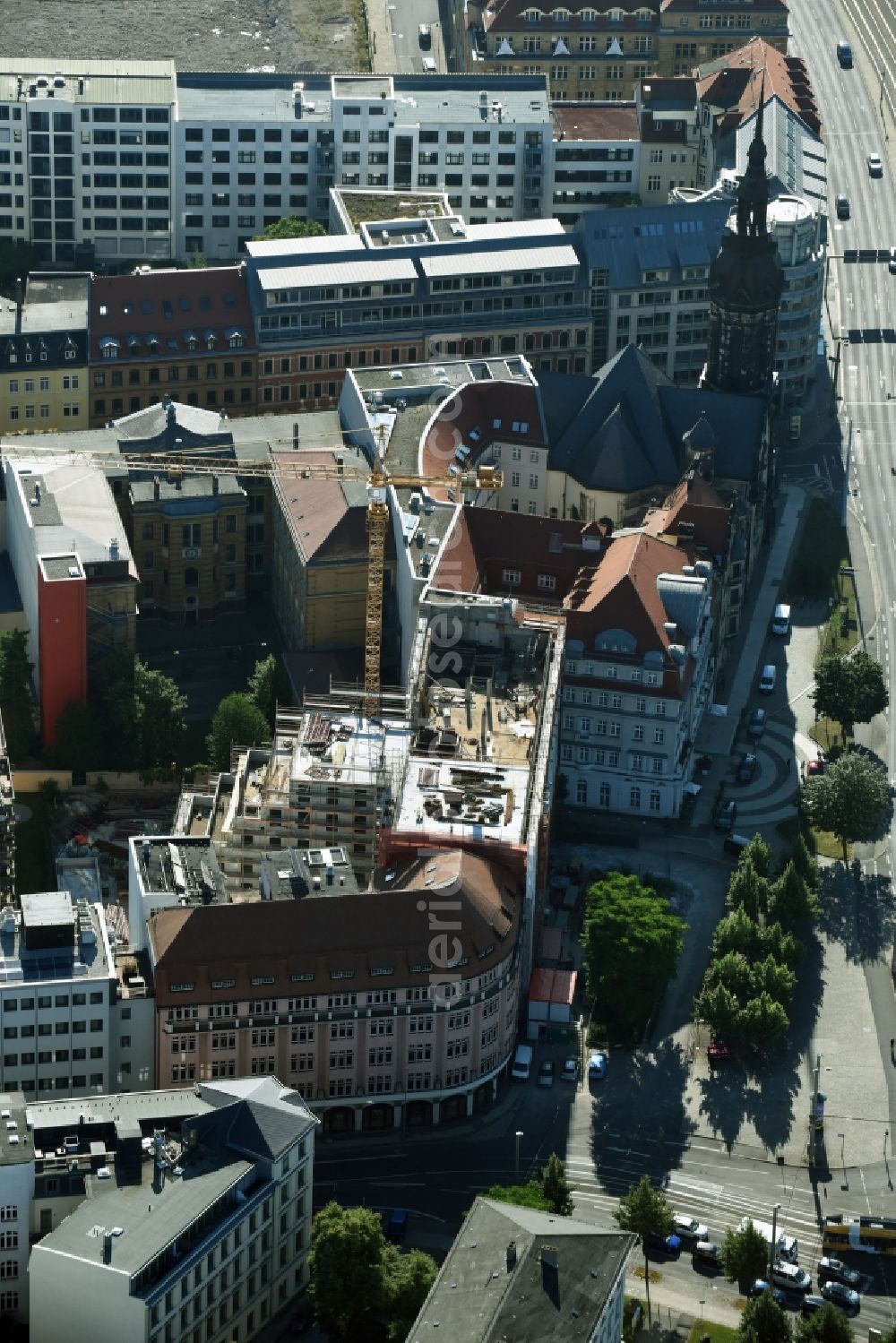 Aerial photograph Leipzig - New construction site the hotel complex of Travel24.com AG formerly Ring-Messehaus on Troendlinring in Leipzig in the state Saxony