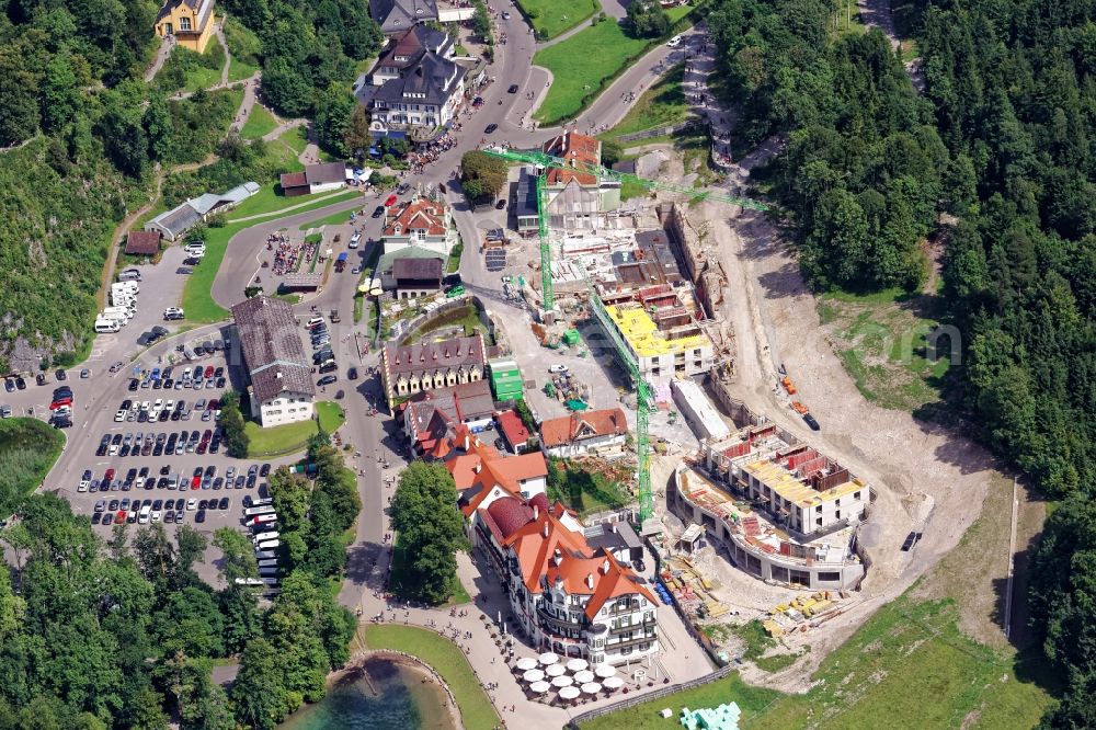 Schwangau from above - New construction site the hotel complex of Wittelsbacher Ausgleichfonds in the district Hohenschwangau in Schwangau in the state Bavaria, Germany