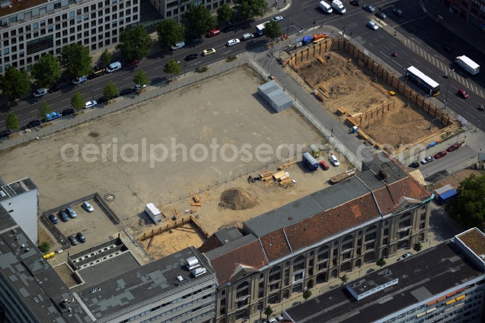 Aerial image Berlin - Construction site for the new building of a hotel in the Mitte part of Berlin in Germany. The hotel is being developed on Petriplatz on the corner to Breite Strasse and is currently in the excavation phase