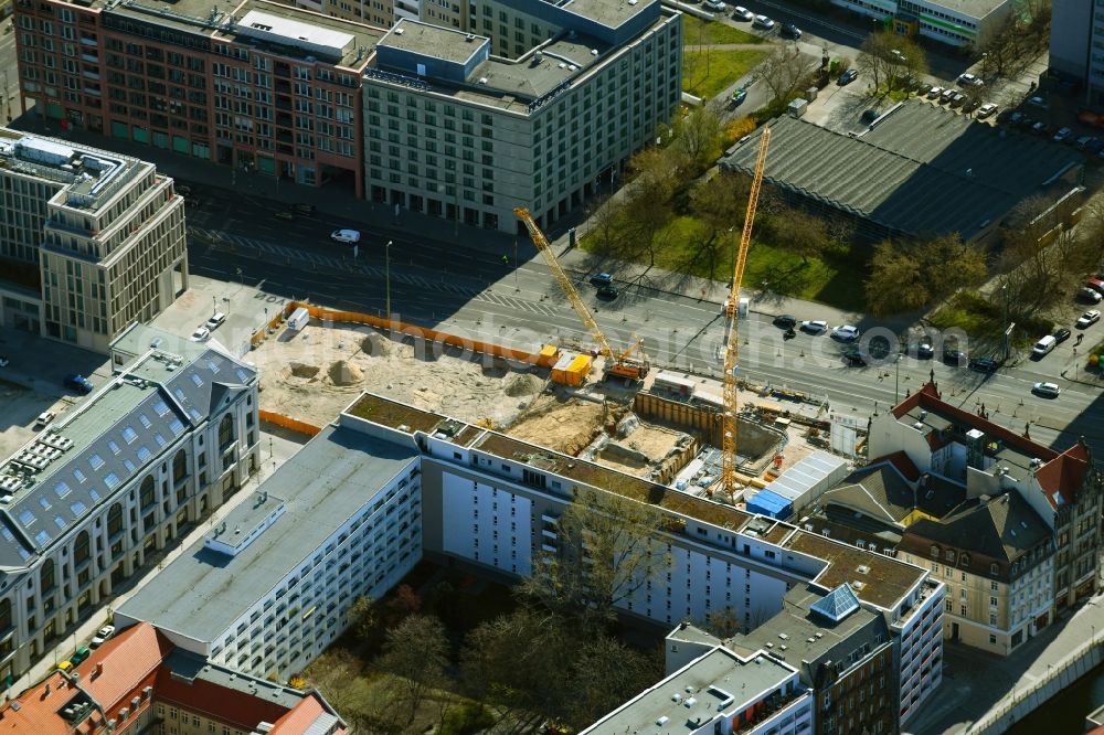 Berlin from above - Construction site for the new building House of One on place Petriplatz - Scharrenstrasse - Gertraudenstrasse in the district Mitte in Berlin, Germany