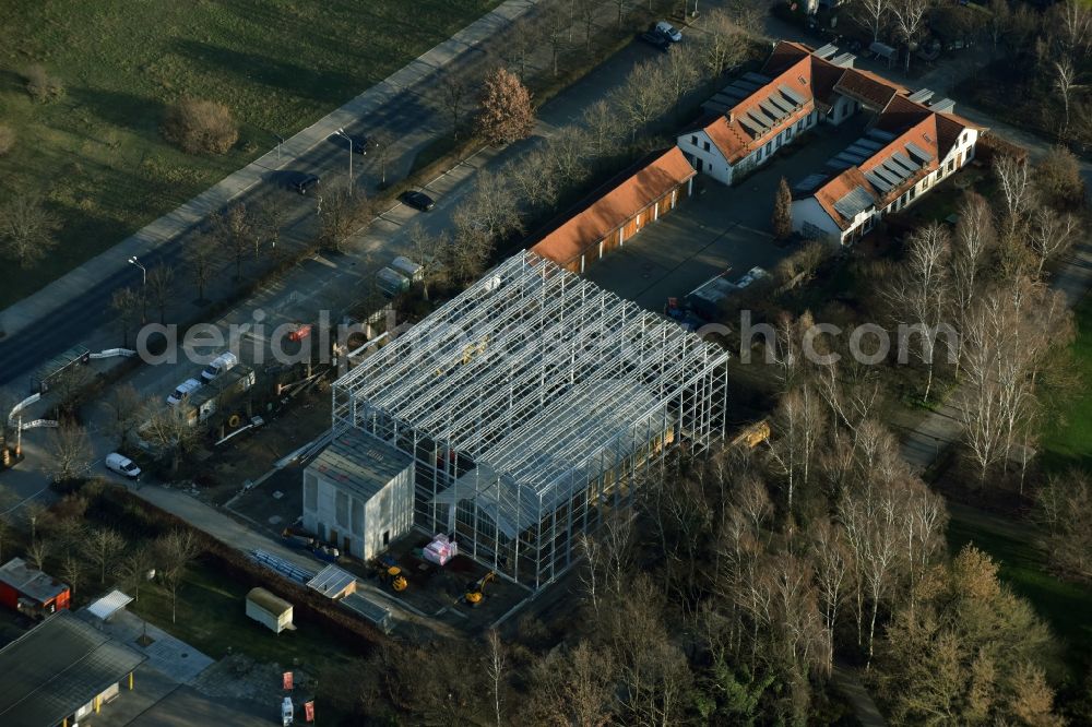 Berlin from the bird's eye view: Construction site for the new building an information pavilion IGA 2017 at the Marzahn district in Eisenacherstrasse in Berlin in Germany