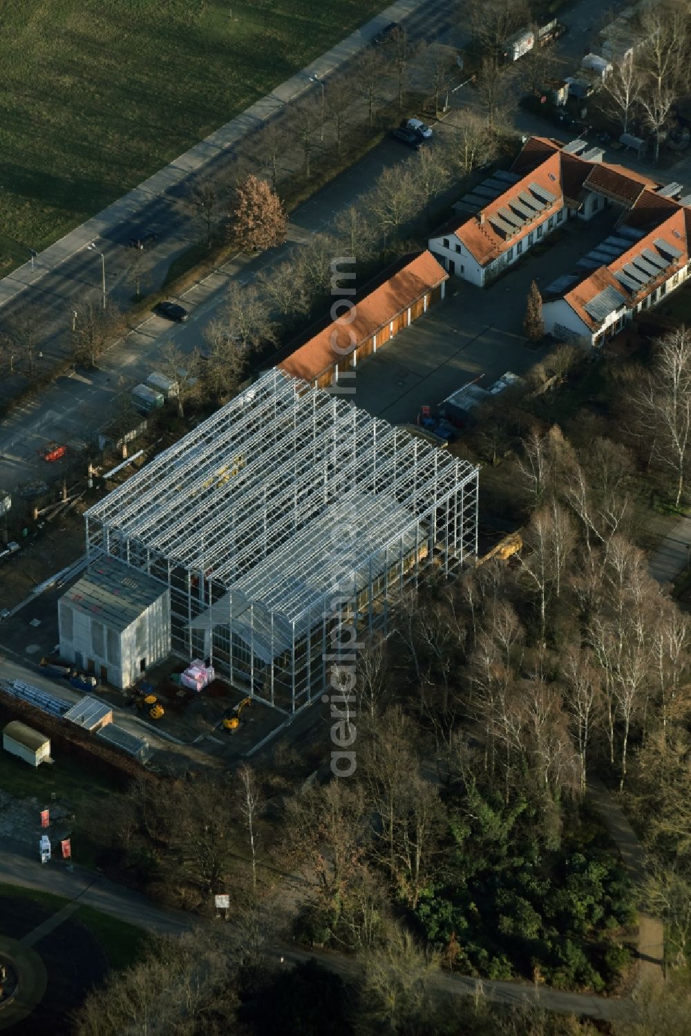 Aerial image Berlin - Construction site for the new building an information pavilion IGA 2017 at the Marzahn district in Eisenacherstrasse in Berlin in Germany