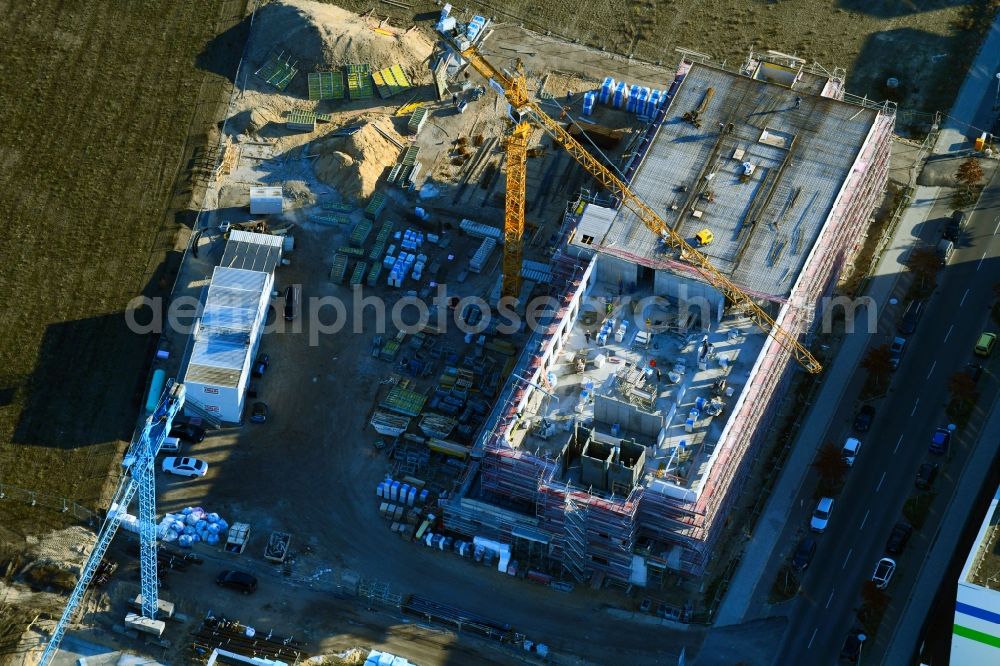 Berlin from above - Construction site for the new building of Institut fuer Produktqualitaet on Wagner-Regeny-Strasse in the district Adlershof in Berlin, Germany