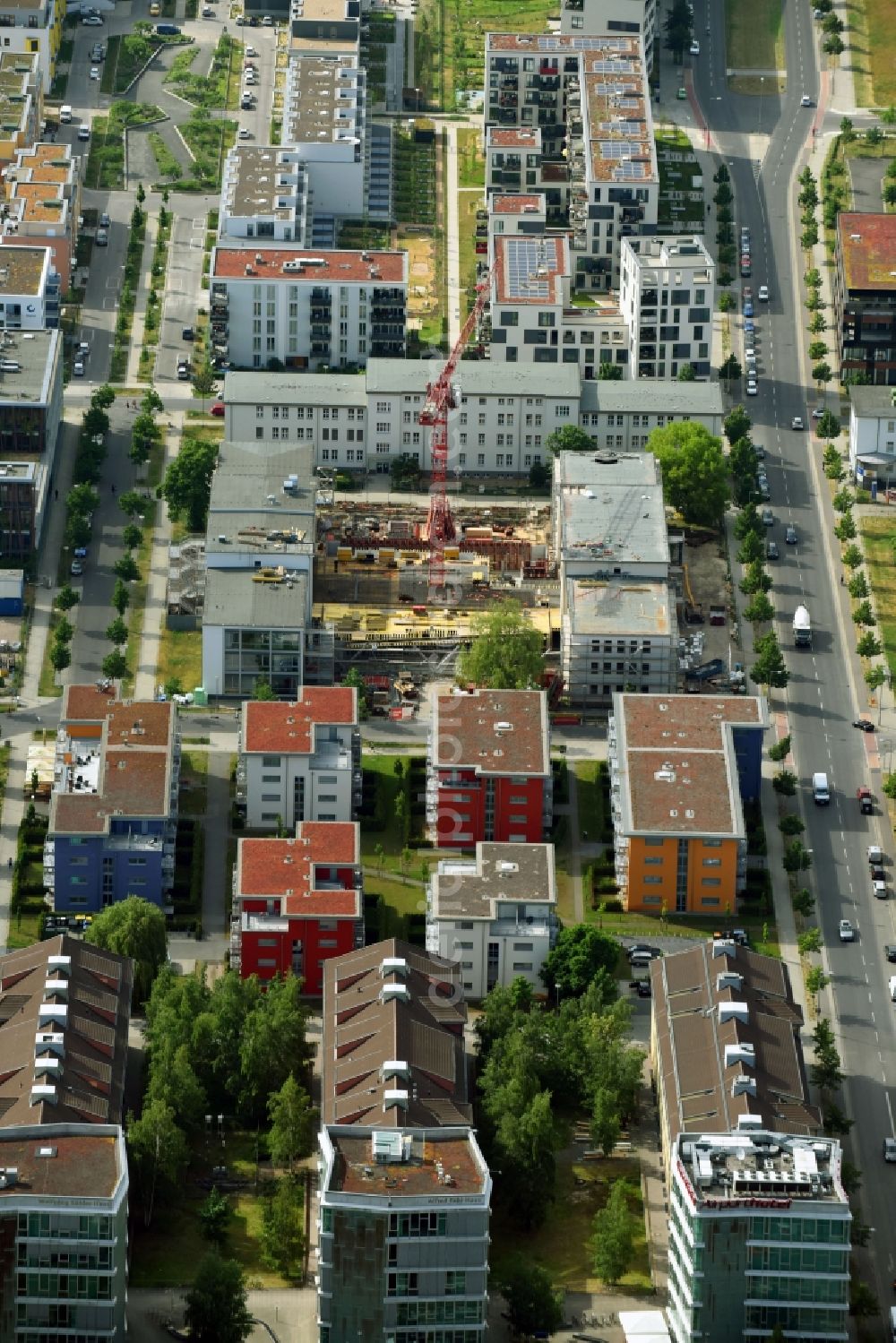 Berlin from the bird's eye view: Construction site for the new building IRIS Adlershof Zum Grossen Windkanal in the district Adlershof in Berlin, Germany