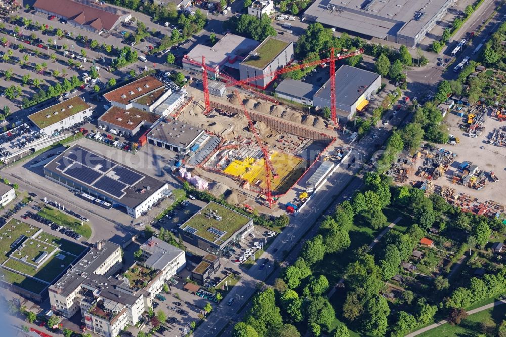 Aerial image München - Construction site for the new building of the Jaguar Land Rover dealership on the Drygalski Allee in Munich in Bavaria