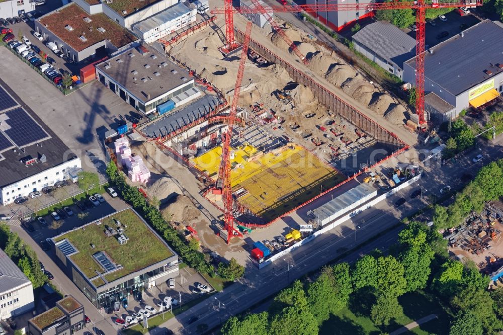 Aerial photograph München - Construction site for the new building of the Jaguar Land Rover dealership on the Drygalski Allee in Munich in Bavaria