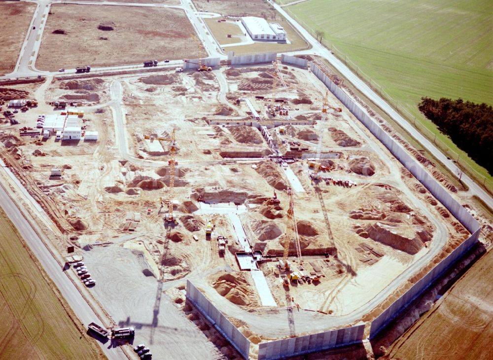 Aerial image Duben - New construction site on the prison premises and security fencing of the prison Luckau-Duben in Duben in the state Brandenburg, Germany