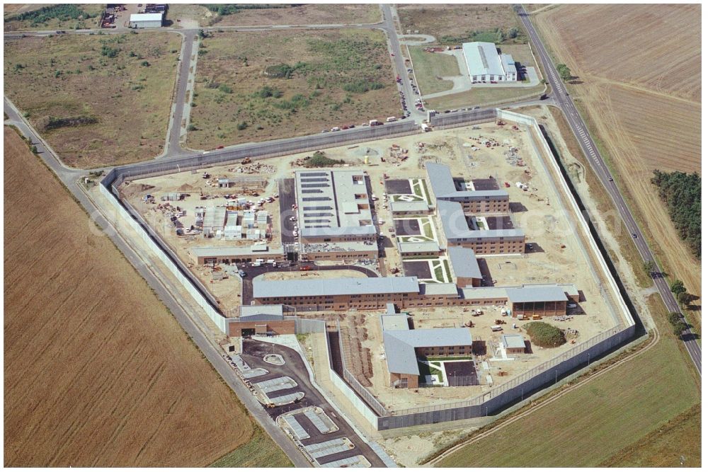 Duben from above - New construction site on the prison premises and security fencing of the prison Luckau-Duben in Duben in the state Brandenburg, Germany