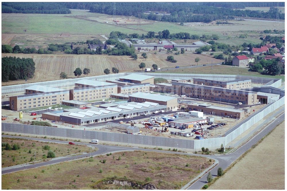 Duben from above - New construction site on the prison premises and security fencing of the prison Luckau-Duben in Duben in the state Brandenburg, Germany