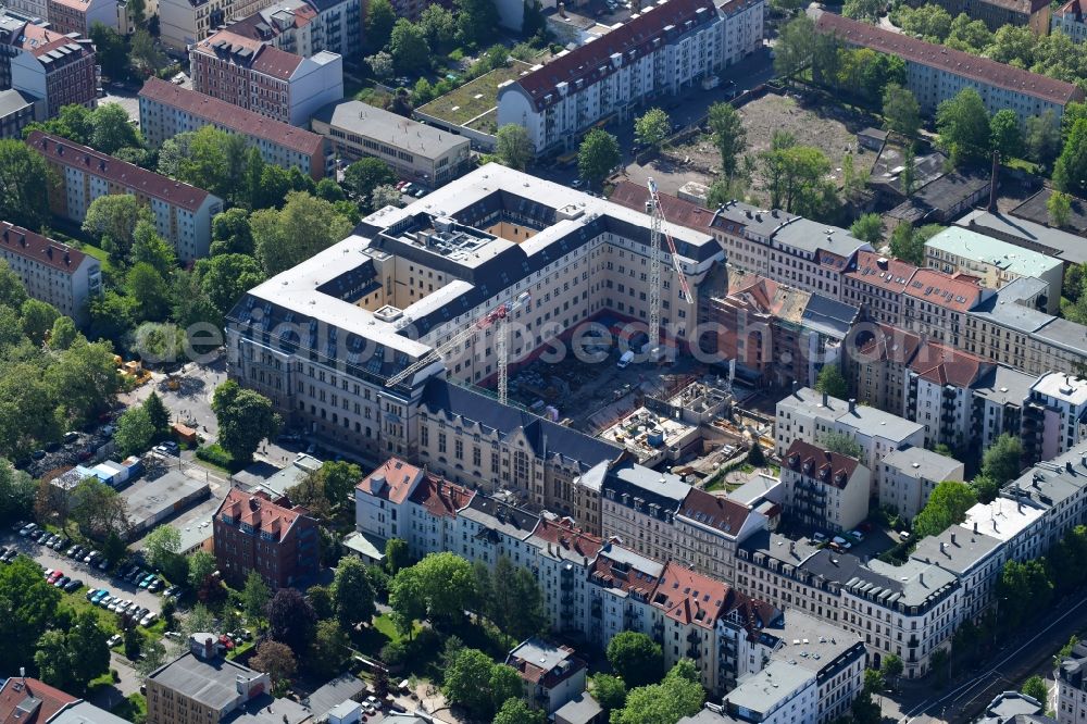 Aerial image Leipzig - Construction site for the new building of Justizzentrum Leipzig on Bernhard-Goering-Strasse - Arndtstrasse - Alfred-Kaestner-Strasse in Leipzig in the state Saxony, Germany