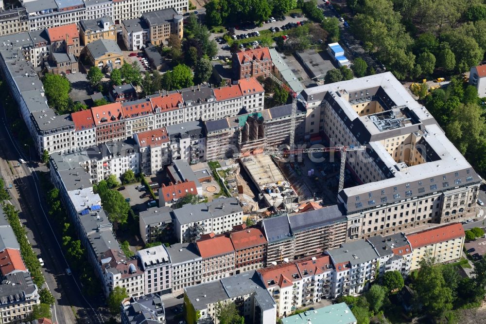 Leipzig from above - Construction site for the new building of Justizzentrum Leipzig on Bernhard-Goering-Strasse - Arndtstrasse - Alfred-Kaestner-Strasse in Leipzig in the state Saxony, Germany