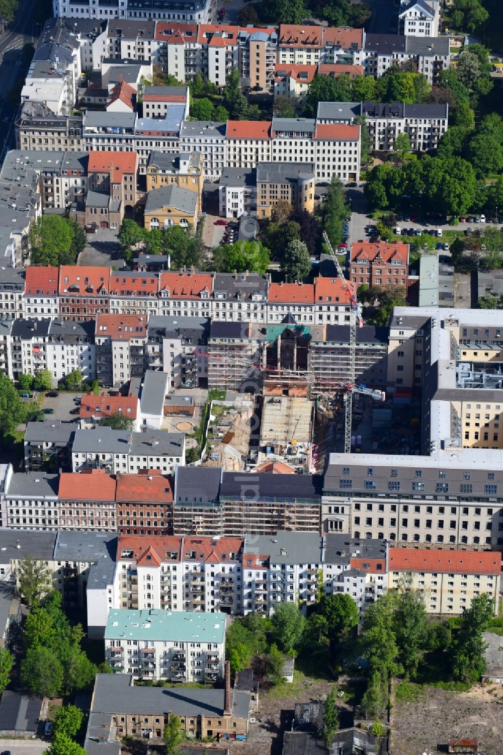 Aerial image Leipzig - Construction site for the new building of Justizzentrum Leipzig on Bernhard-Goering-Strasse - Arndtstrasse - Alfred-Kaestner-Strasse in Leipzig in the state Saxony, Germany