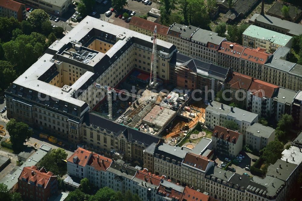 Aerial image Leipzig - Construction site for the new building of Justizzentrum Leipzig on Bernhard-Goering-Strasse - Arndtstrasse - Alfred-Kaestner-Strasse in Leipzig in the state Saxony, Germany