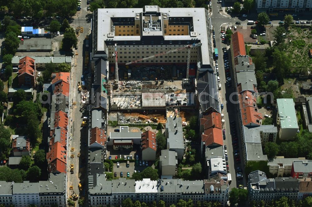 Aerial photograph Leipzig - Construction site for the new building of Justizzentrum Leipzig on Bernhard-Goering-Strasse - Arndtstrasse - Alfred-Kaestner-Strasse in Leipzig in the state Saxony, Germany