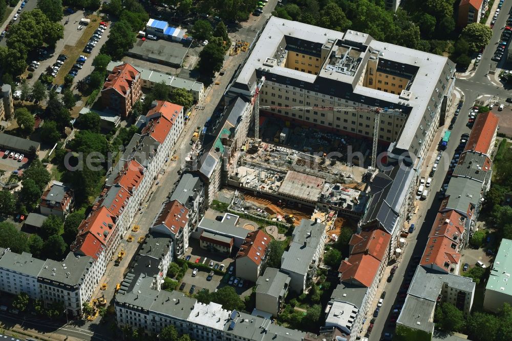 Leipzig from the bird's eye view: Construction site for the new building of Justizzentrum Leipzig on Bernhard-Goering-Strasse - Arndtstrasse - Alfred-Kaestner-Strasse in Leipzig in the state Saxony, Germany