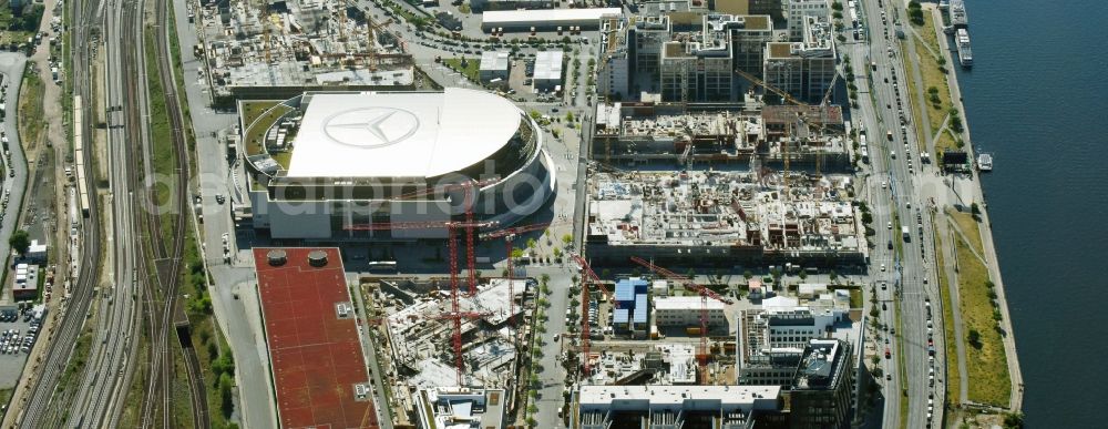 Berlin from above - Construction site for the new building eines Kino- Freizeit- and Hotelkomplexes on Anschutz- Areal along of Muehlenstrasse in the district Bezirk Friedrichshain-Kreuzberg in Berlin, Germany