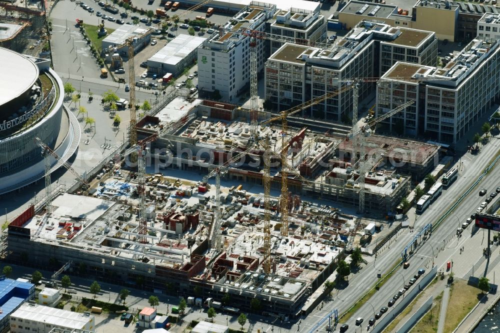 Berlin from above - Construction site for the new building eines Kino- Freizeit- and Hotelkomplexes on Anschutz- Areal along of Muehlenstrasse in the district Bezirk Friedrichshain-Kreuzberg in Berlin, Germany