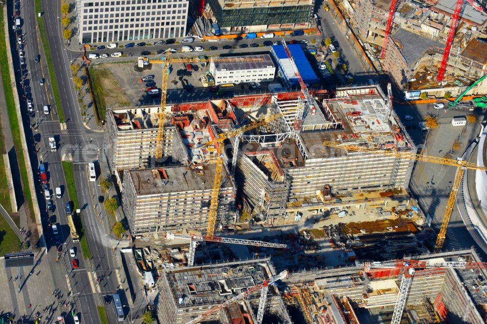 Berlin from above - Construction site for the new building eines Kino- Freizeit- and Hotelkomplexes on Anschutz- Areal along of Muehlenstrasse in the district Bezirk Friedrichshain-Kreuzberg in Berlin, Germany