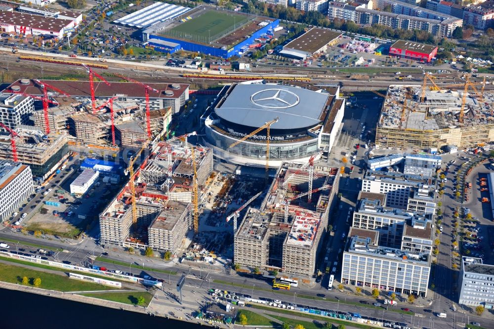 Berlin from above - Construction site for the new building eines Kino- Freizeit- and Hotelkomplexes on Anschutz- Areal along of Muehlenstrasse in the district Bezirk Friedrichshain-Kreuzberg in Berlin, Germany