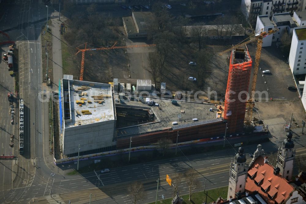 Aerial photograph Leipzig - Construction site for the new building of the church building of the Propsteikirche St. Trinitatis in Leipzig in the state North Rhine-Westphalia, Germany