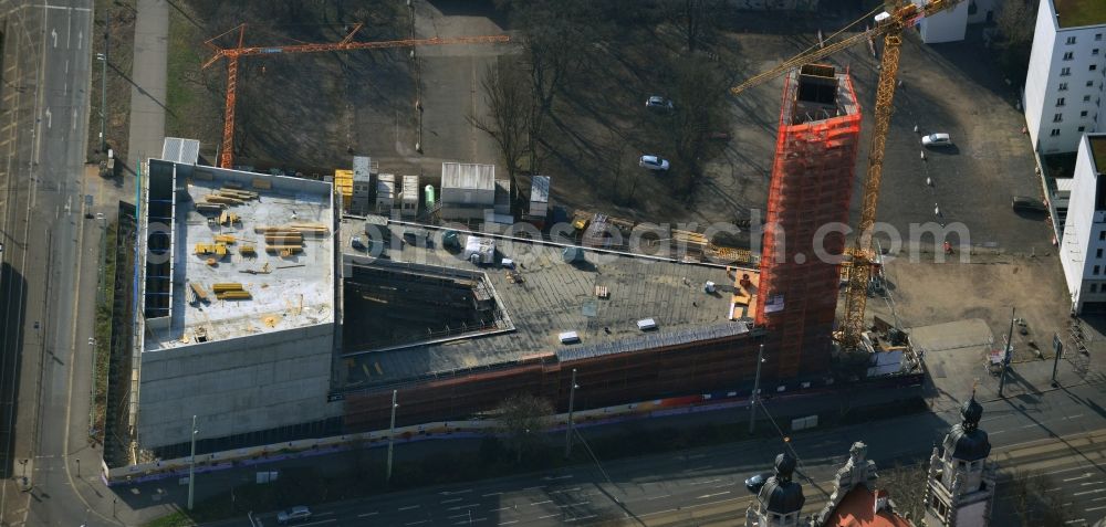 Leipzig from above - Construction site for the new building of the church building of the Propsteikirche St. Trinitatis in Leipzig in the state North Rhine-Westphalia, Germany