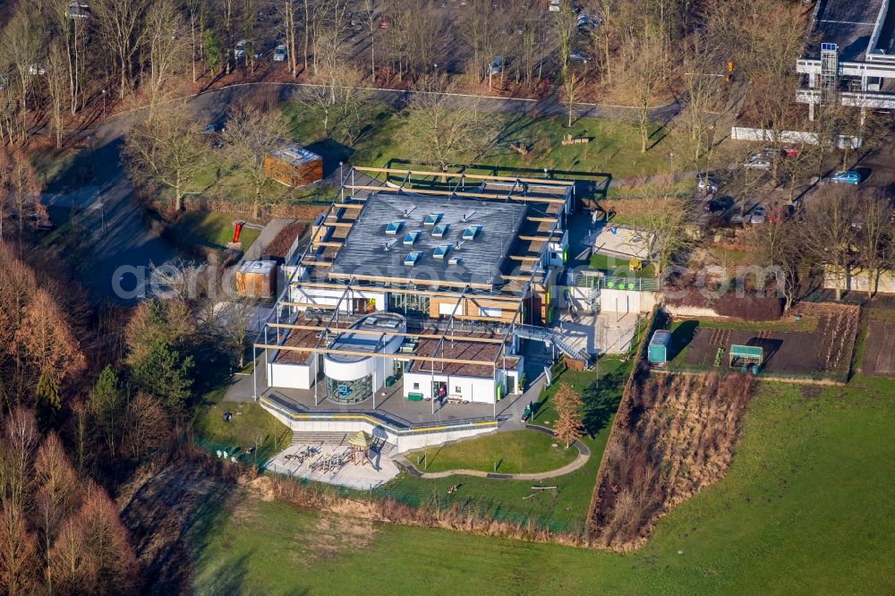 Bochum from the bird's eye view: Building site to the new building of the day-care centre KITA - university kids on the area of the Ruhr university in Bochum in the federal state North Rhine-Westphalia