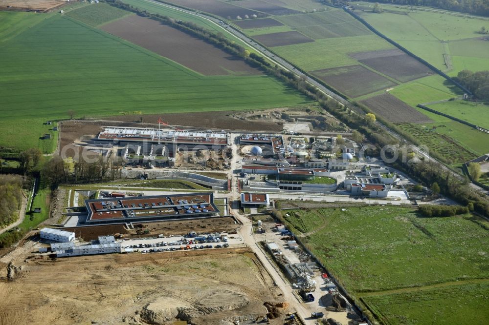 Saint-Cyr-l'École from above - Construction site to build new sewage plant basins and purification steps for waste water treatment in Saint-Cyr-l'Ecole in Ile-de-France, France