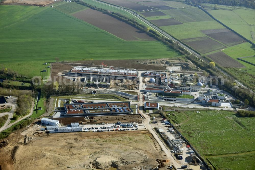 Saint-Cyr-l'École from above - Construction site to build new sewage plant basins and purification steps for waste water treatment in Saint-Cyr-l'Ecole in Ile-de-France, France