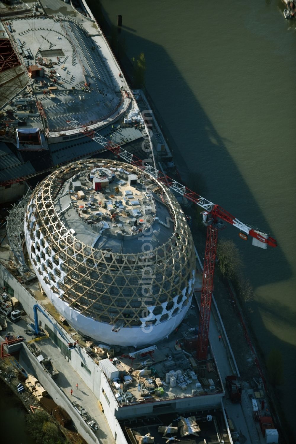 Aerial image Sèvres Sevres - Construction site for the new building des Konzerthauses Le dome de la Cite Musicale in Sevres Sevres in Ile-de-France, France. The design of the architectural firm Shigeru Ban is implemented by the contractors LeMoniteur.fr