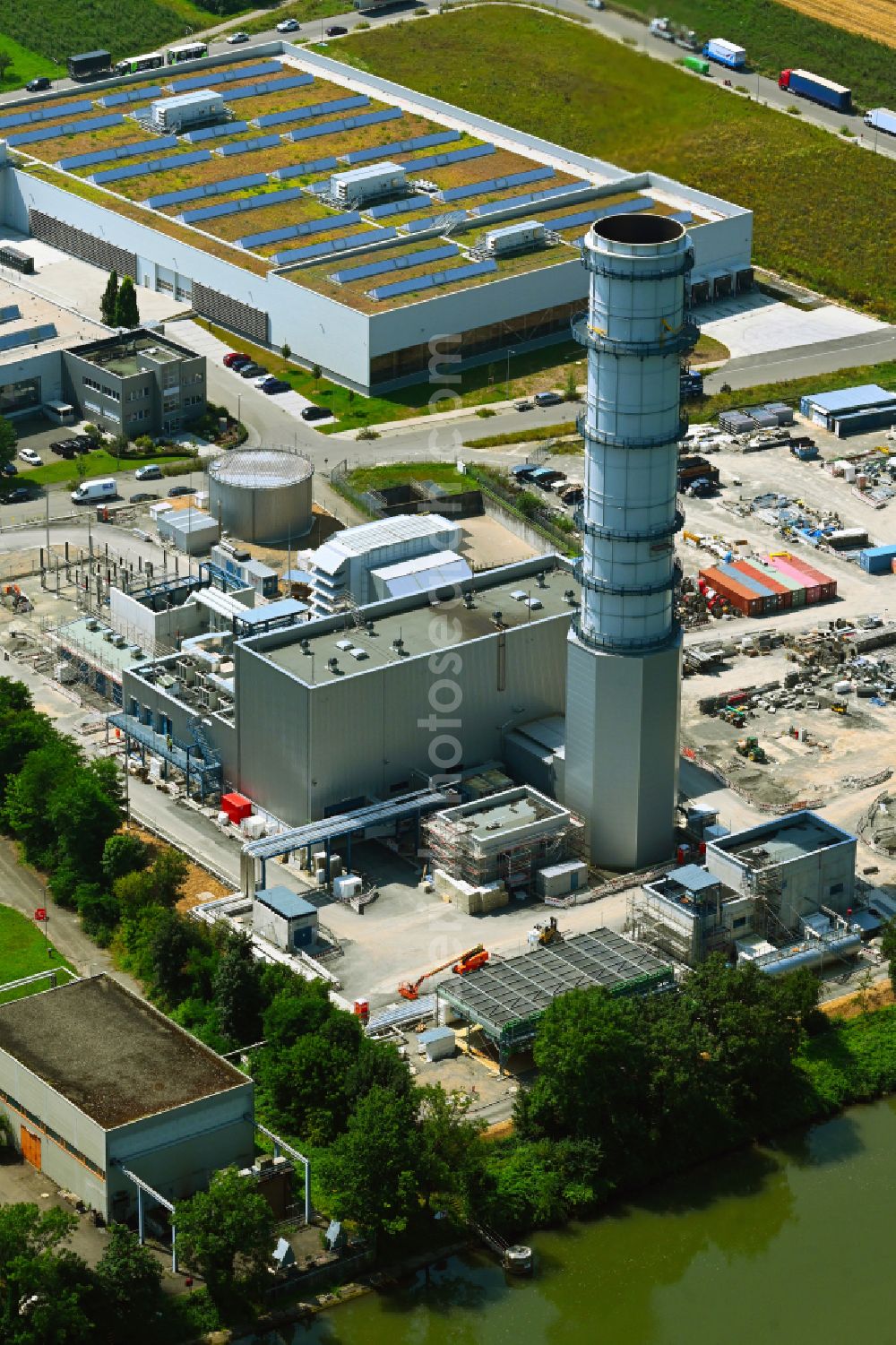 Aerial photograph Marbach am Neckar - Construction site of power plants and exhaust towers of thermal power station of EnBW Energie in Marbach am Neckar in the state Baden-Wuerttemberg, Germany