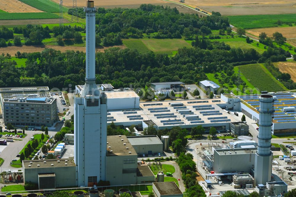 Marbach am Neckar from the bird's eye view: Construction site of power plants and exhaust towers of thermal power station of EnBW Energie in Marbach am Neckar in the state Baden-Wuerttemberg, Germany