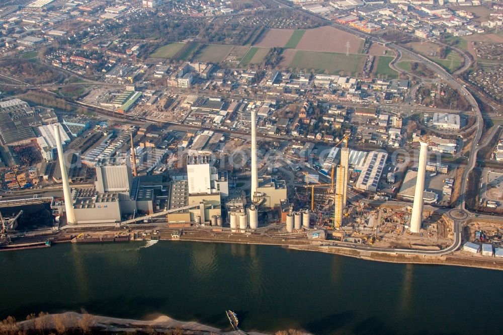 Aerial image Mannheim - Construction site of power plants and exhaust towers of thermal power station GKM Block 6 in the district Neckarau in Mannheim in the state Baden-Wuerttemberg, Germany