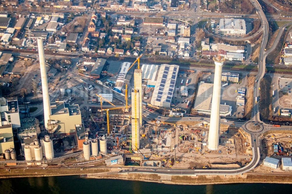 Aerial photograph Mannheim - Construction site of power plants and exhaust towers of thermal power station GKM Block 6 in the district Neckarau in Mannheim in the state Baden-Wuerttemberg, Germany