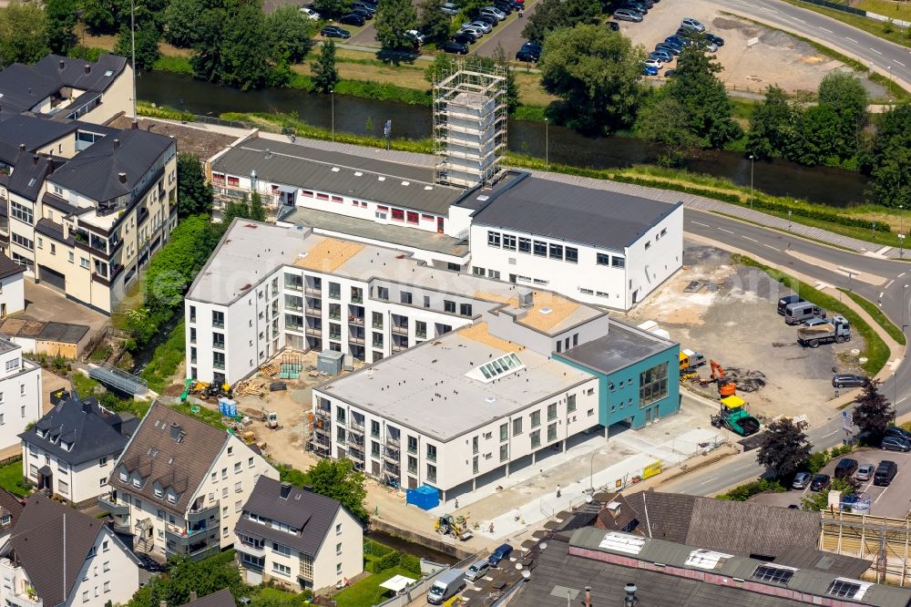 Meschede from above - Construction site for the new building Kreisfeuerwehrzentrum Hochsauerlandkreis on on Fritz-Honsel-Strasse in Meschede in the state North Rhine-Westphalia, Germny