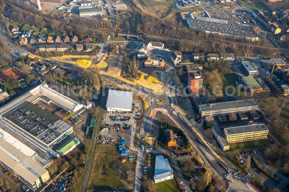 Aerial image Dorsten - New construction of the road at the roundabout - road Bismarckstrasse - Am Gueterbahnhof - Holzplatz in Dorsten in the state North Rhine-Westphalia, Germany