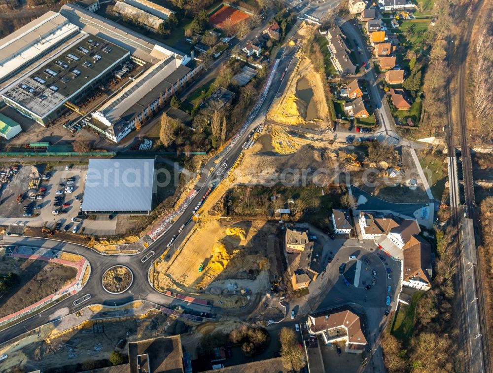 Dorsten from the bird's eye view: New construction of the road at the roundabout - road Bismarckstrasse - Am Gueterbahnhof - Holzplatz in Dorsten in the state North Rhine-Westphalia, Germany