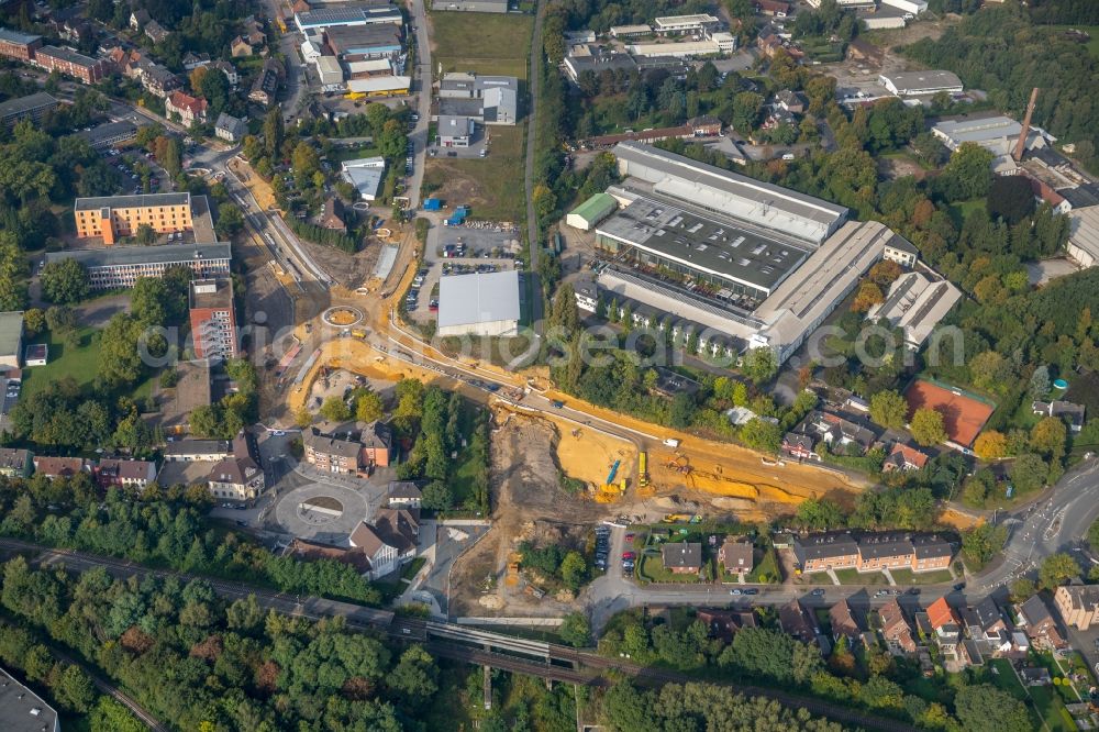 Dorsten from the bird's eye view: New construction of the road at the roundabout - road Bismarckstrasse - Am Gueterbahnhof - Holzplatz in Dorsten in the state North Rhine-Westphalia, Germany