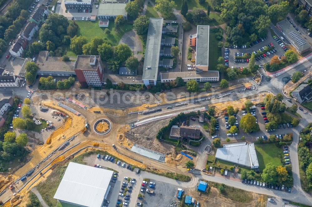 Aerial image Dorsten - New construction of the road at the roundabout - road Bismarckstrasse - Am Gueterbahnhof - Holzplatz in Dorsten in the state North Rhine-Westphalia, Germany