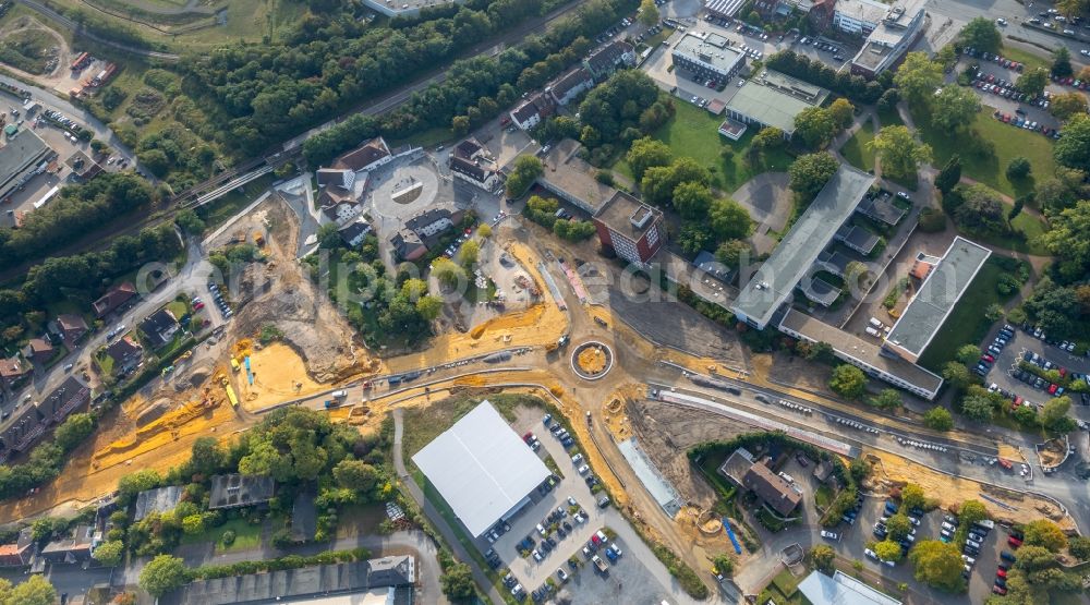 Aerial photograph Dorsten - New construction of the road at the roundabout - road Bismarckstrasse - Am Gueterbahnhof - Holzplatz in Dorsten in the state North Rhine-Westphalia, Germany