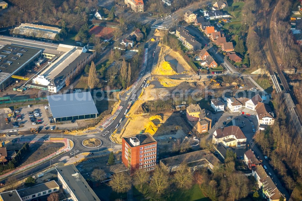 Dorsten from above - New construction of the road at the roundabout - road Bismarckstrasse - Am Gueterbahnhof - Holzplatz in Dorsten in the state North Rhine-Westphalia, Germany