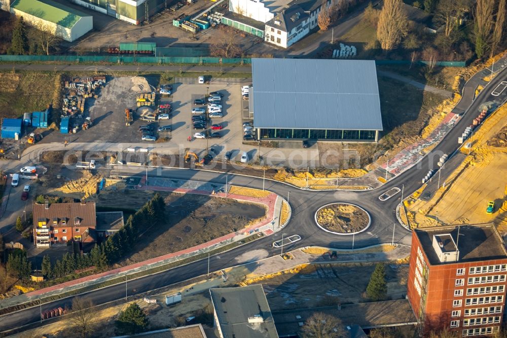 Aerial photograph Dorsten - New construction of the road at the roundabout - road Bismarckstrasse - Am Gueterbahnhof - Holzplatz in Dorsten in the state North Rhine-Westphalia, Germany