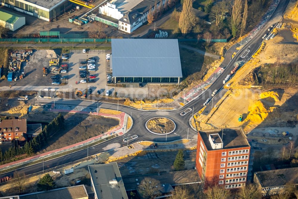 Dorsten from above - New construction of the road at the roundabout - road Bismarckstrasse - Am Gueterbahnhof - Holzplatz in Dorsten in the state North Rhine-Westphalia, Germany