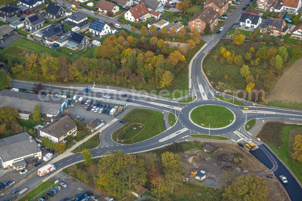 Bergkamen from above - New construction of the road at the roundabout - road of Erich-Ollenhauer-Strasse - In der Schlenke in Bergkamen in the state North Rhine-Westphalia, Germany