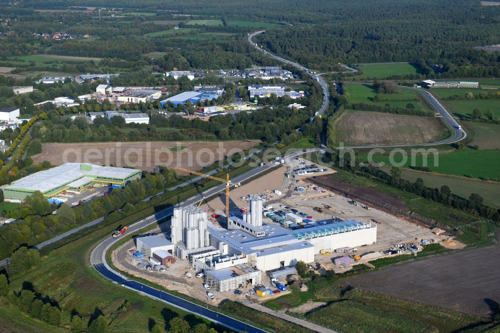 Neumünster from above - Construction site for the new construction of a cheese factory of the Meierei Barmstedt eG at the Donaubogen in Neumuenster in the state of Schleswig-Holstein, Germany