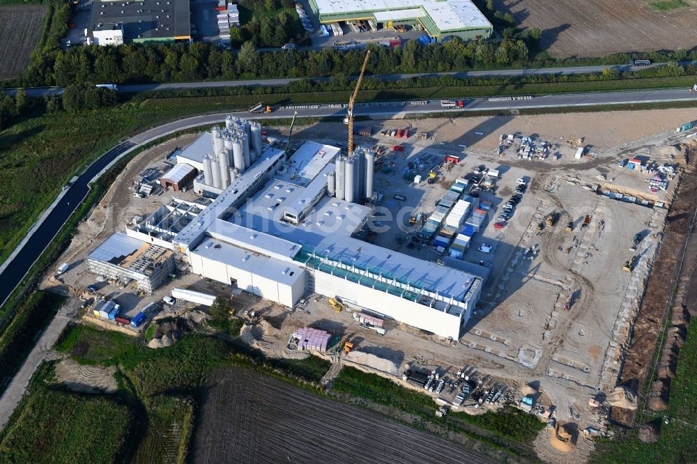 Neumünster from above - Construction site for the new construction of a cheese factory of the Meierei Barmstedt eG at the Donaubogen in Neumuenster in the state of Schleswig-Holstein, Germany