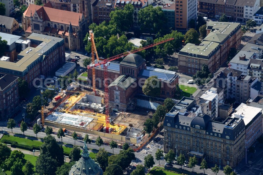 Mannheim from above - Construction site for the new building of Kunsthalle Mannheim on Friedrichsplatz in Mannheim in the state Baden-Wuerttemberg