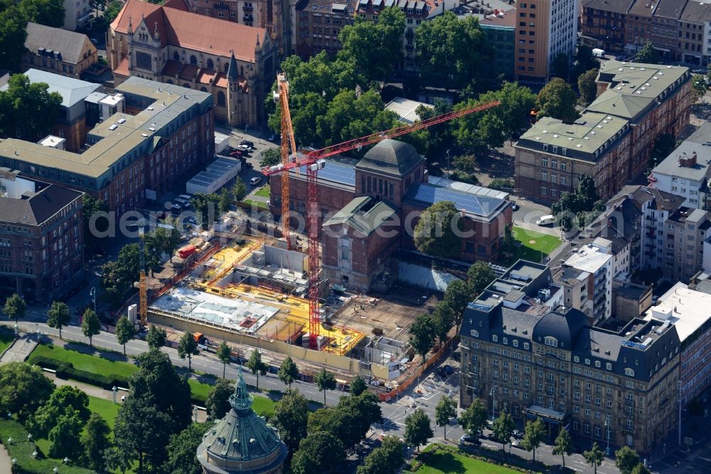 Mannheim from the bird's eye view: Construction site for the new building of Kunsthalle Mannheim on Friedrichsplatz in Mannheim in the state Baden-Wuerttemberg