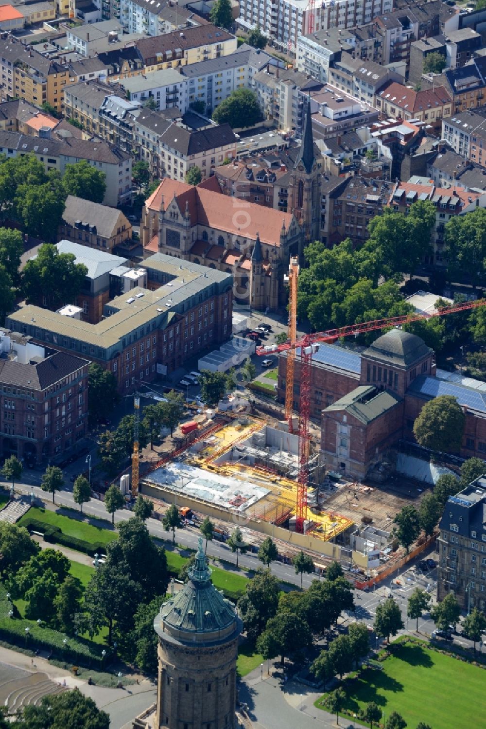 Aerial image Mannheim - Construction site for the new building of Kunsthalle Mannheim on Friedrichsplatz in Mannheim in the state Baden-Wuerttemberg