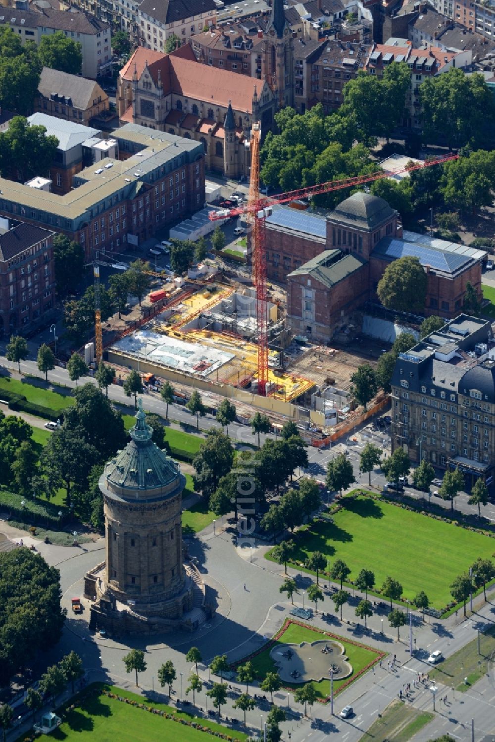 Aerial photograph Mannheim - Construction site for the new building of Kunsthalle Mannheim on Friedrichsplatz in Mannheim in the state Baden-Wuerttemberg